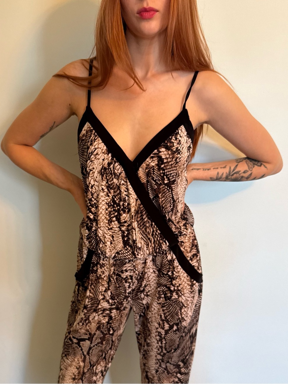 Cache- Vintage Sleeveless Snake-Print Jumpsuit with Black Trim